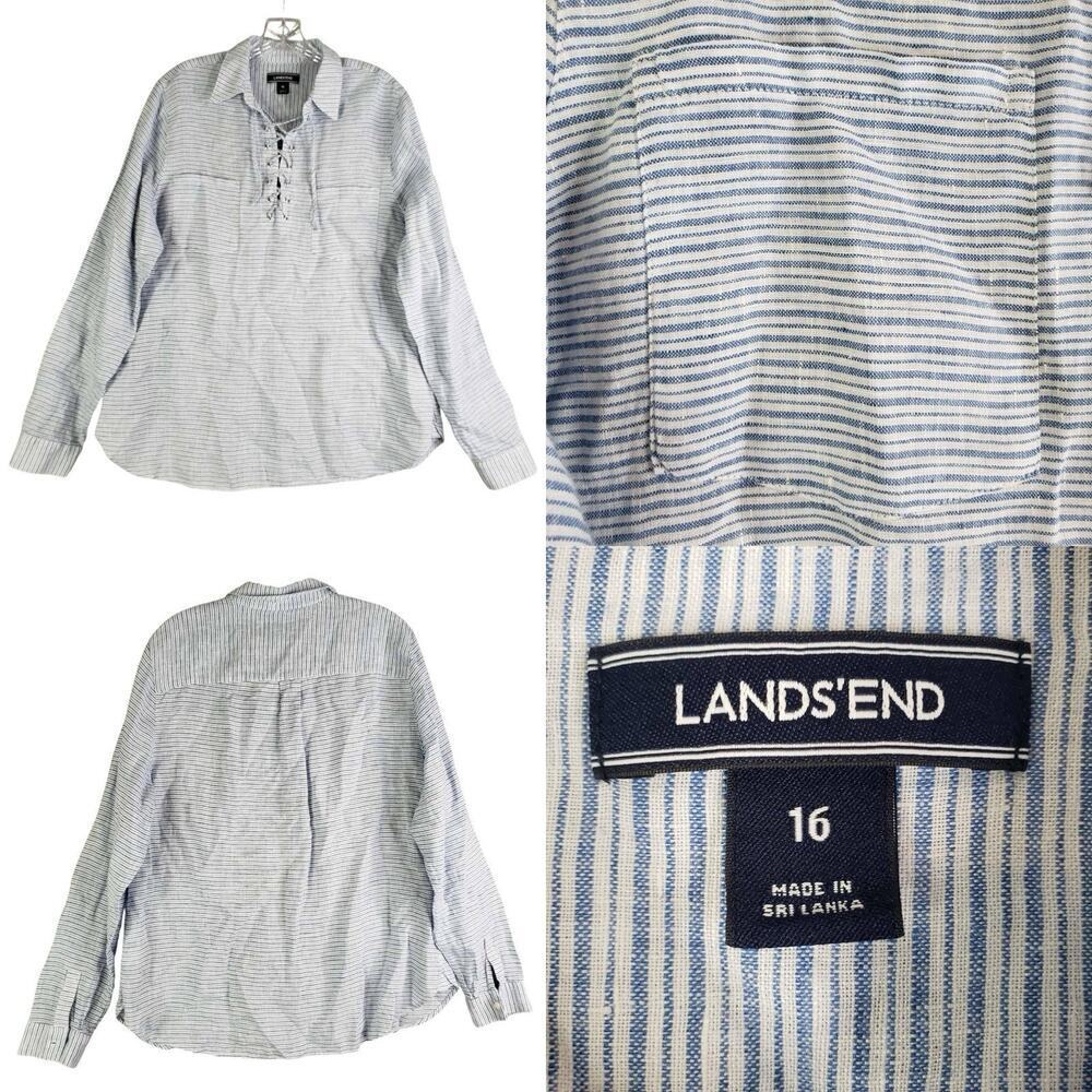 Lands End Shirt Popover Linen Long Sleeve Blue Striped Women’s Size 16 Lace Up